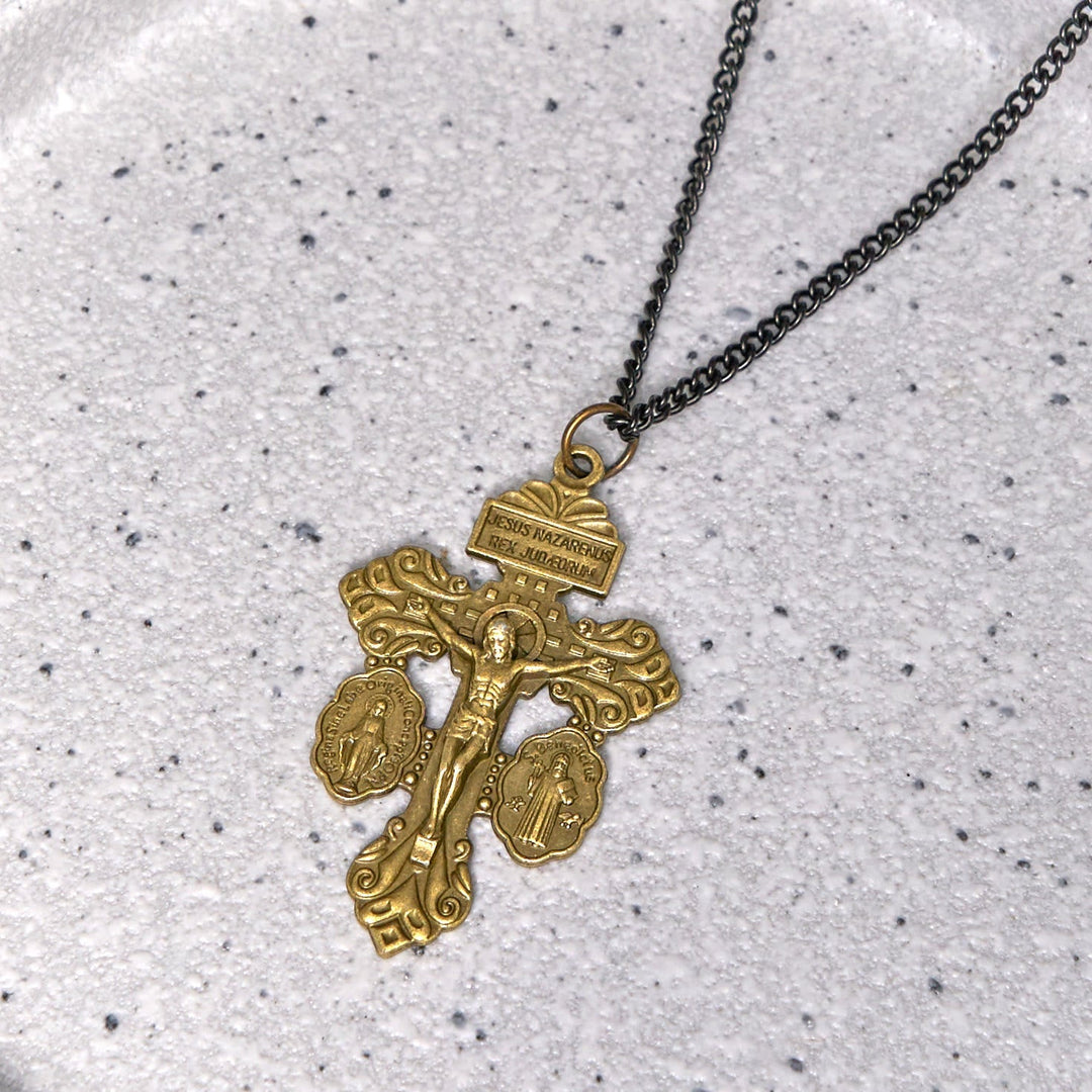 Classic Style 3 Colors Pardon Crucifix Double Sided Engraved Pendant Necklace