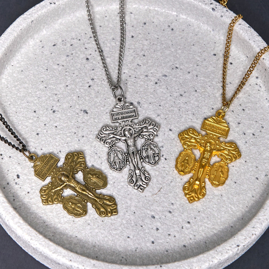 Classic Style 3 Colors Pardon Crucifix Double Sided Engraved Pendant Necklace