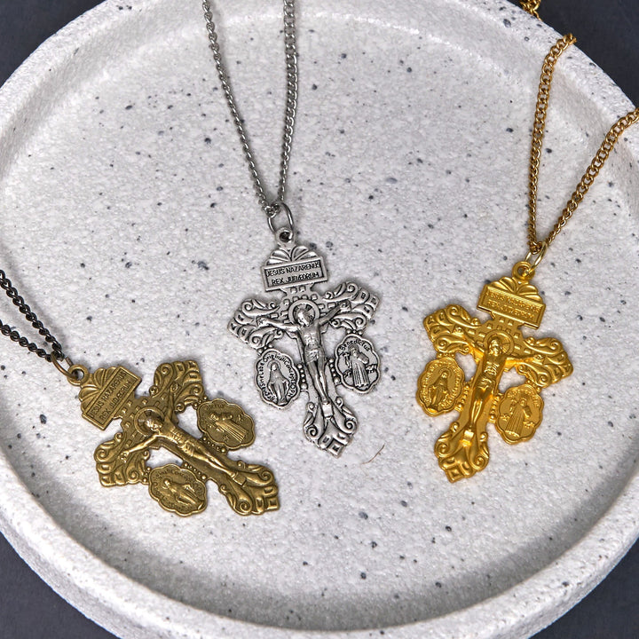 Classic Style 3 Colors Pardon Crucifix Double Sided Engraved Pendant Necklace
