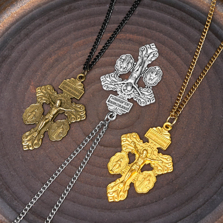 Classic Style 3 Colors Pardon Crucifix Double Sided Engraved Pendant Necklace
