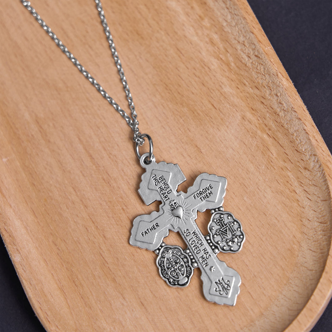 Classic Style 3 Colors Pardon Crucifix Double Sided Engraved Pendant Necklace