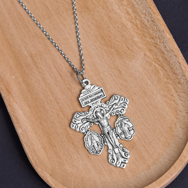 Classic Style 3 Colors Pardon Crucifix Double Sided Engraved Pendant Necklace