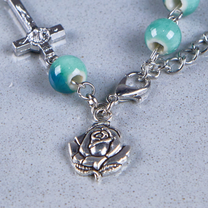 Joyful Blossom Green Tone Ceramics Beads Rose & Crucifix Bracelet