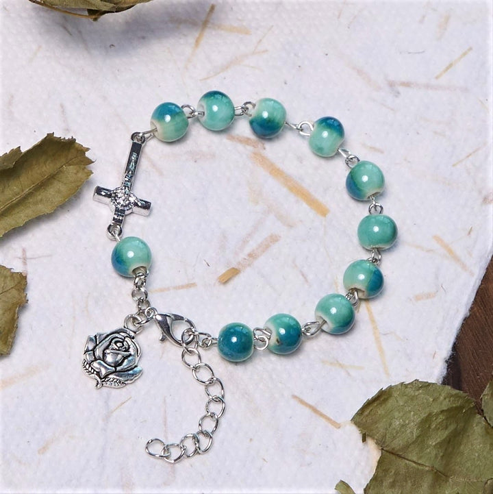Joyful Blossom Green Tone Ceramics Beads Rose & Crucifix Bracelet