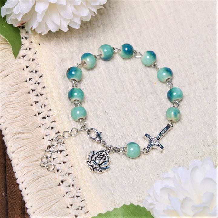Joyful Blossom Green Tone Ceramics Beads Rose & Crucifix Bracelet