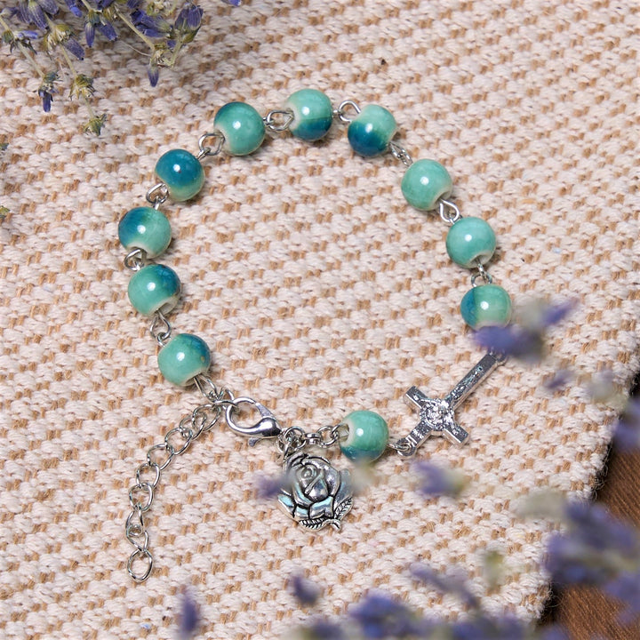 Joyful Blossom Green Tone Ceramics Beads Rose & Crucifix Bracelet