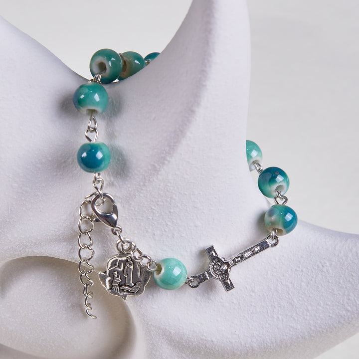 Joyful Blossom Green Tone Ceramics Beads Rose & Crucifix Bracelet