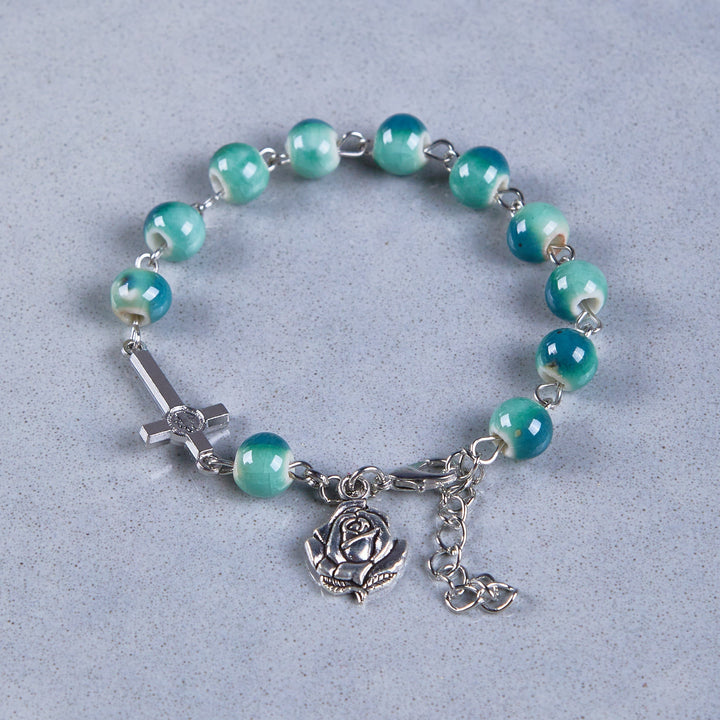 Joyful Blossom Green Tone Ceramics Beads Rose & Crucifix Bracelet