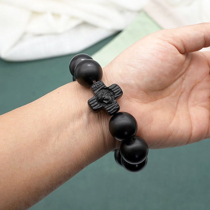 Classic Jesus Christ Cross Black Sandalwood Rosary Bracelet