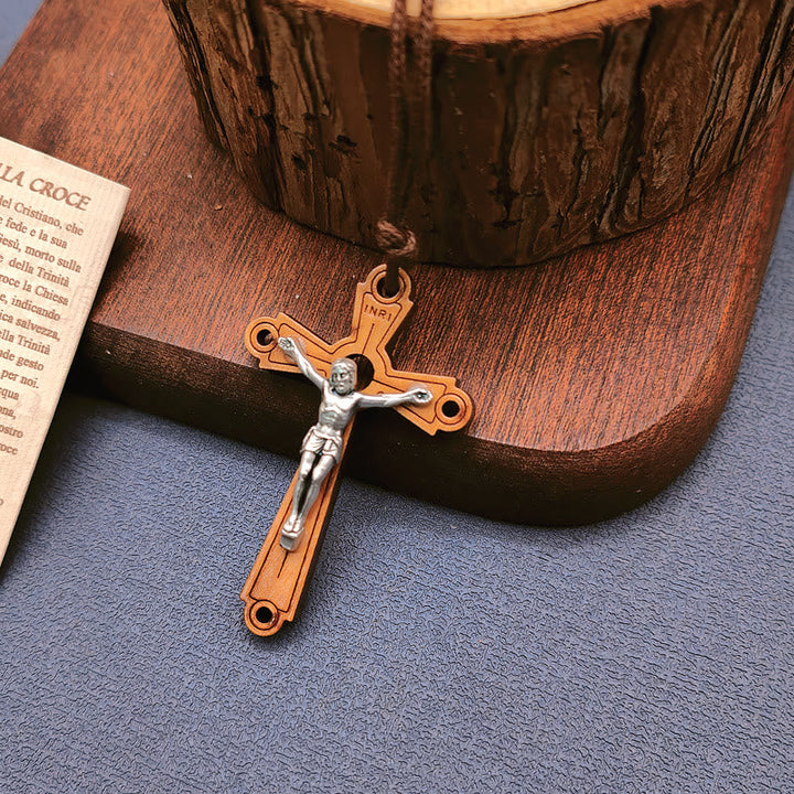Classic Style Olive Wood Crucifix Devotion Blessed Pendant Necklace