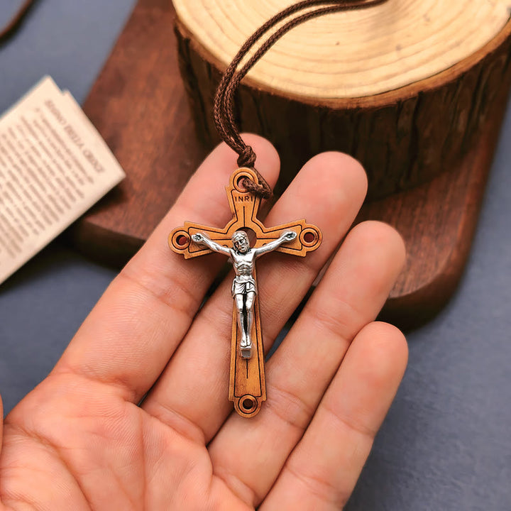 Classic Style Olive Wood Crucifix Devotion Blessed Pendant Necklace