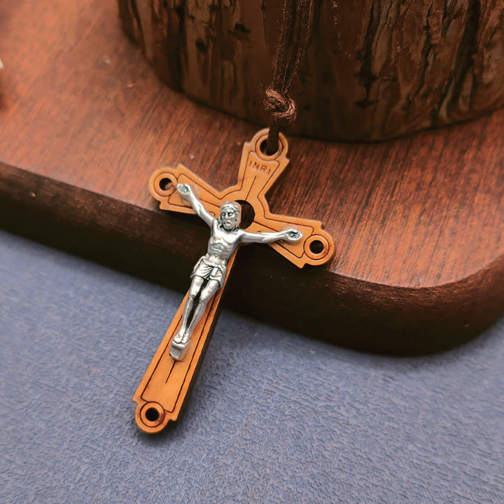 Classic Style Olive Wood Crucifix Devotion Blessed Pendant Necklace