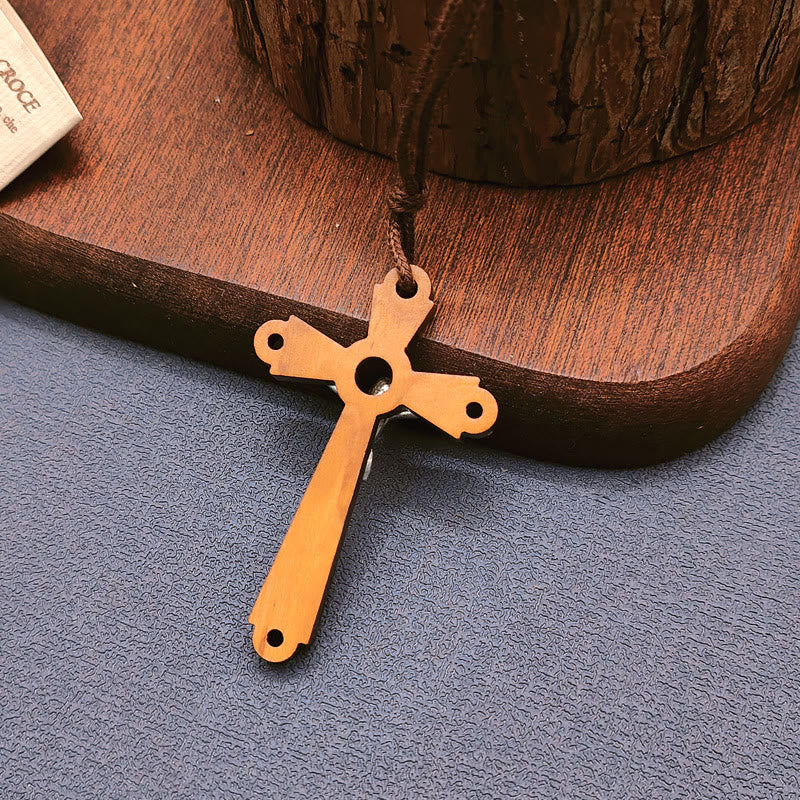 Classic Style Olive Wood Crucifix Devotion Blessed Pendant Necklace