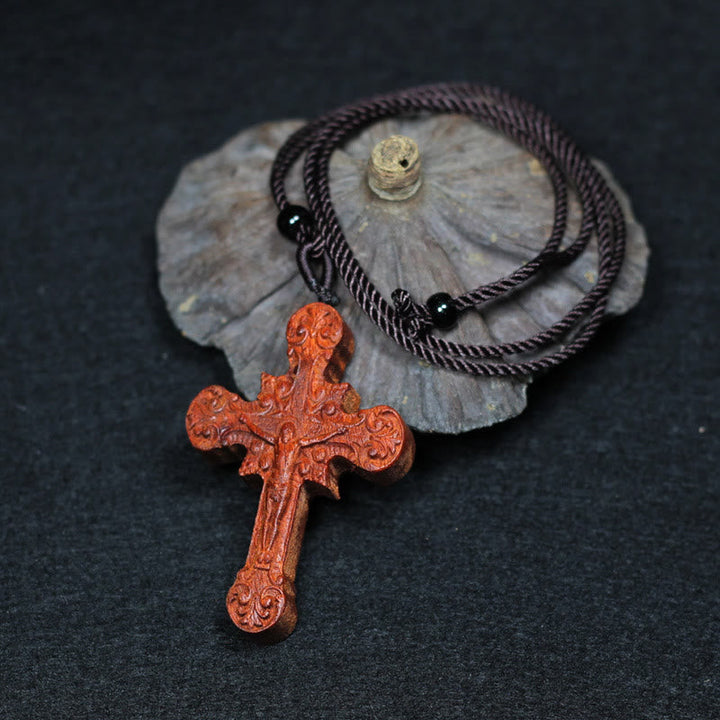 Classic Style Crucifix Sacred Protection Scrollwork Rosewood Pendant Necklace