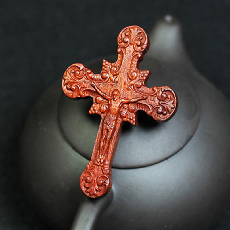 Classic Style Crucifix Sacred Protection Scrollwork Rosewood Pendant Necklace