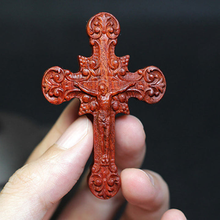 Classic Style Crucifix Sacred Protection Scrollwork Rosewood Pendant Necklace