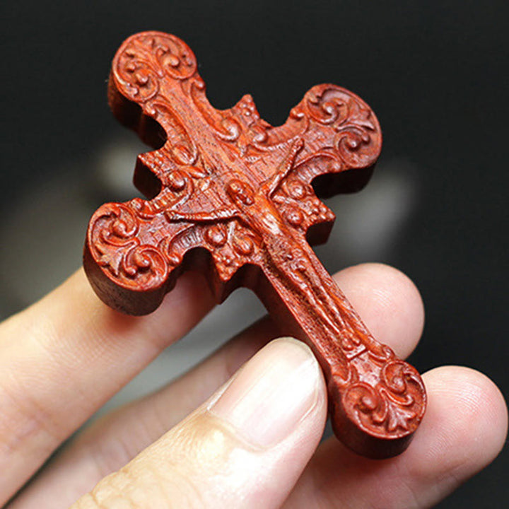 Classic Style Crucifix Sacred Protection Scrollwork Rosewood Pendant Necklace