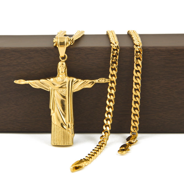 Classic Style Majestic Golden Finish Christ the Redeemer Pendant Necklace
