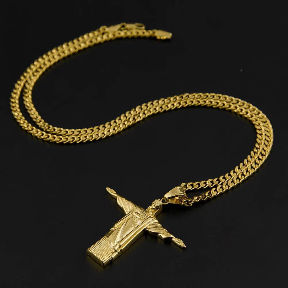 Classic Style Majestic Golden Finish Christ the Redeemer Pendant Necklace