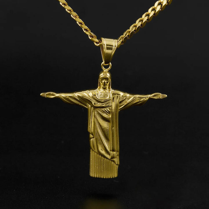 Classic Style Majestic Golden Finish Christ the Redeemer Pendant Necklace