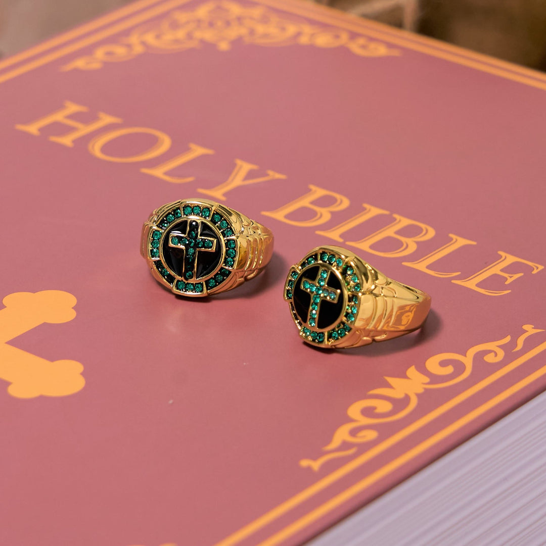 Retro Style Green Gemstones Cross Golden Alloy Ring