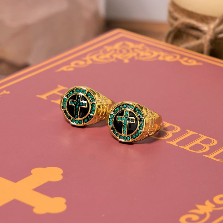 Retro Style Green Gemstones Cross Golden Alloy Ring