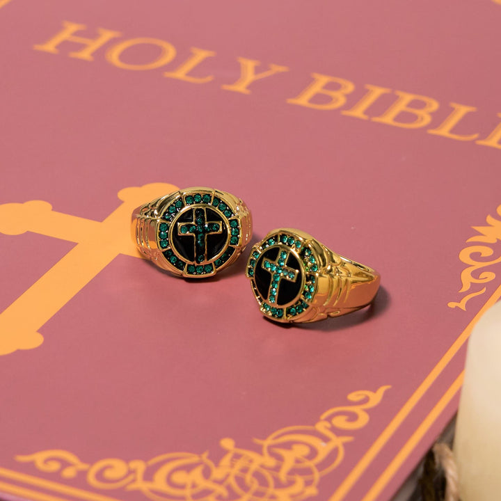 Retro Style Green Gemstones Cross Golden Alloy Ring