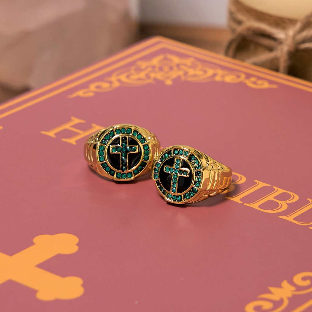 Retro Style Green Gemstones Cross Golden Alloy Ring