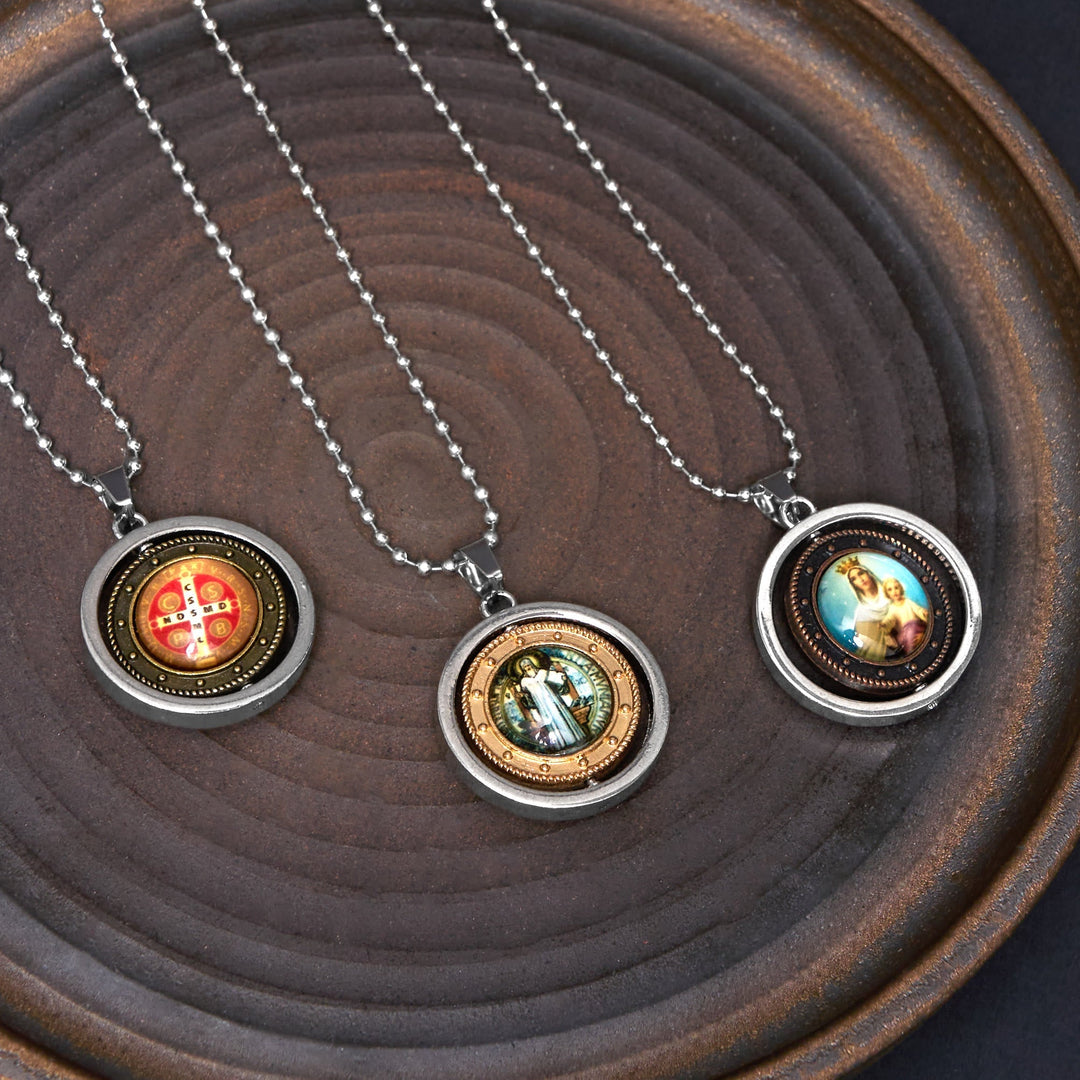Retro Style Jesus St. Benendict Vrigin Mary Icon Rotating Pendant Necklace
