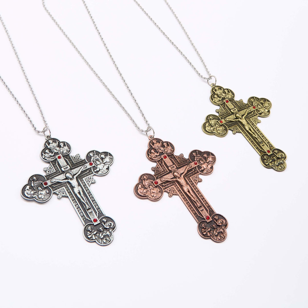Classic Style Ornate Crucifix with All Saint Iconography & Red Gems Accents Pendant Necklace
