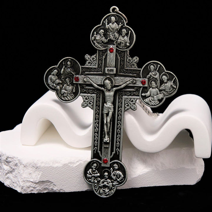 Classic Style Ornate Crucifix with All Saint Iconography & Red Gems Accents Pendant Necklace