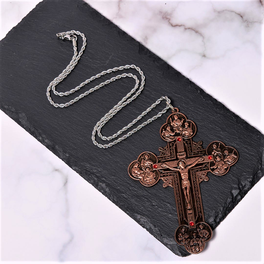 Classic Style Ornate Crucifix with All Saint Iconography & Red Gems Accents Pendant Necklace