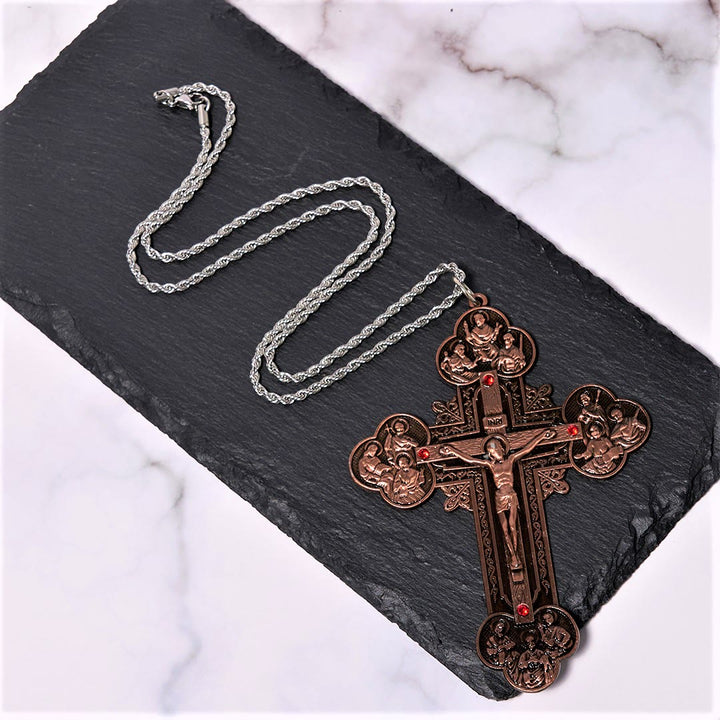 Classic Style Ornate Crucifix with All Saint Iconography & Red Gems Accents Pendant Necklace
