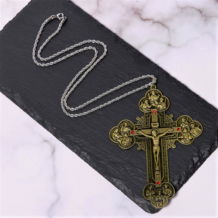 Classic Style Ornate Crucifix with All Saint Iconography & Red Gems Accents Pendant Necklace