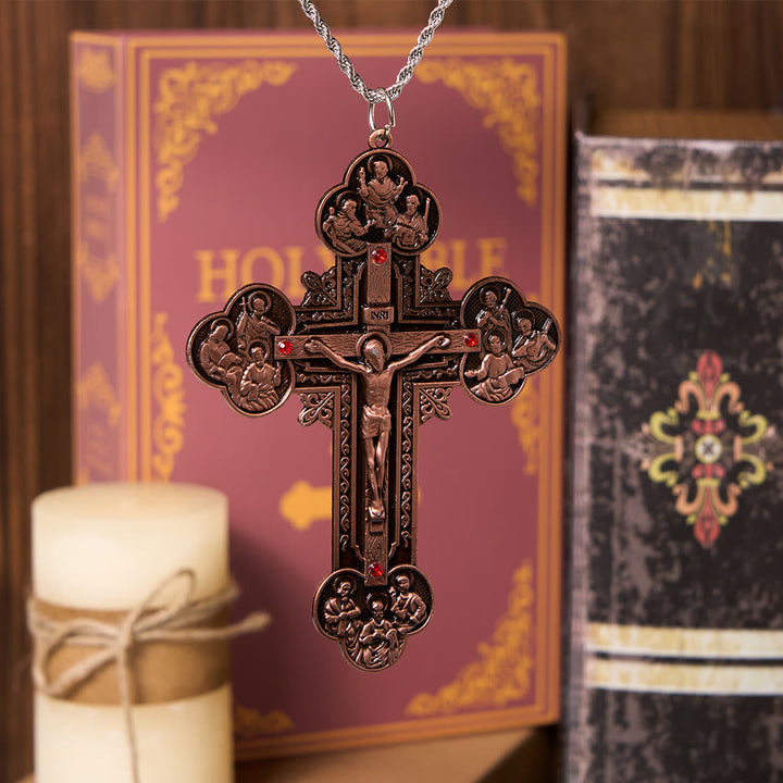 Classic Style Ornate Crucifix with All Saint Iconography & Red Gems Accents Pendant Necklace