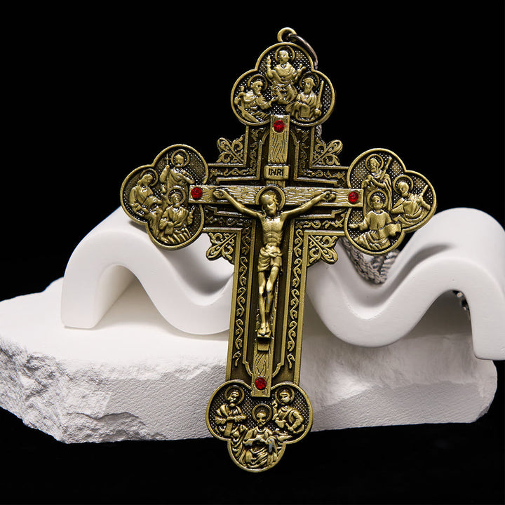 Classic Style Ornate Crucifix with All Saint Iconography & Red Gems Accents Pendant Necklace
