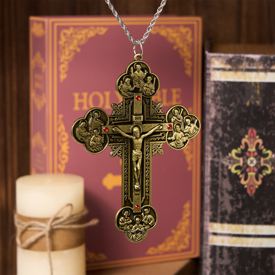Classic Style Ornate Crucifix with All Saint Iconography & Red Gems Accents Pendant Necklace
