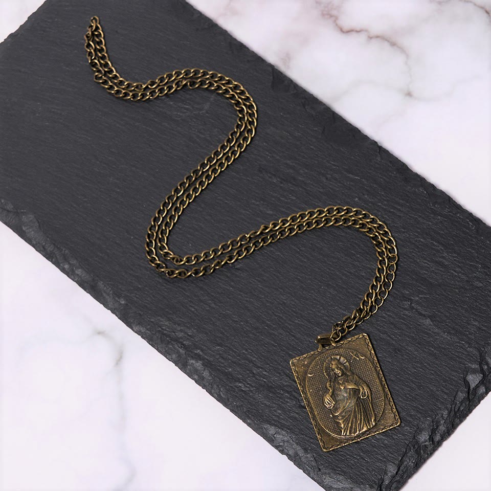 European Style Classical Bronze Sculptured Sacred Heart Cross Necklace