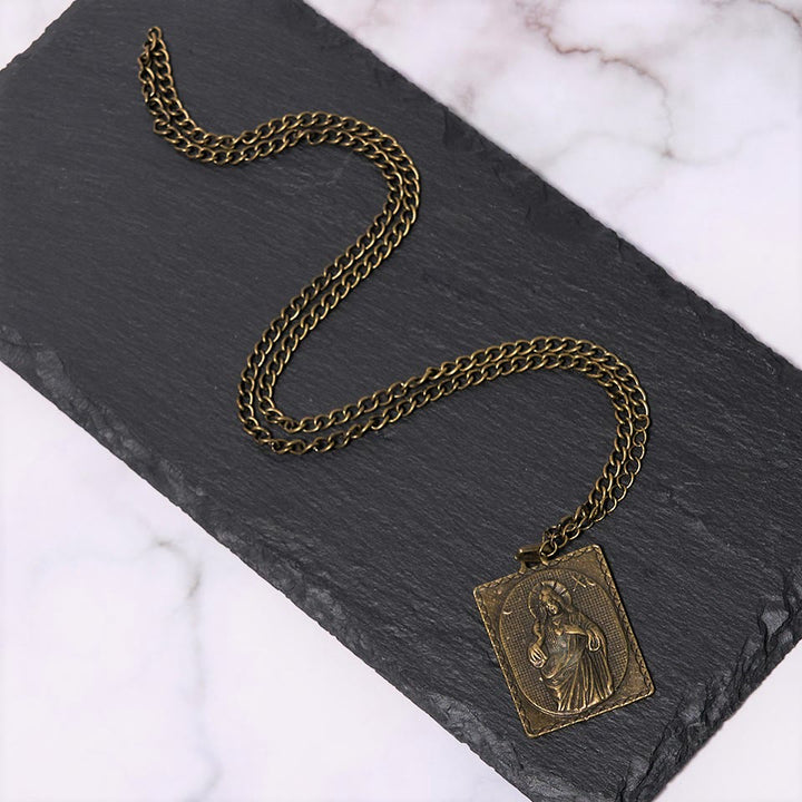 European Style Classical Bronze Sculptured Sacred Heart Cross Necklace