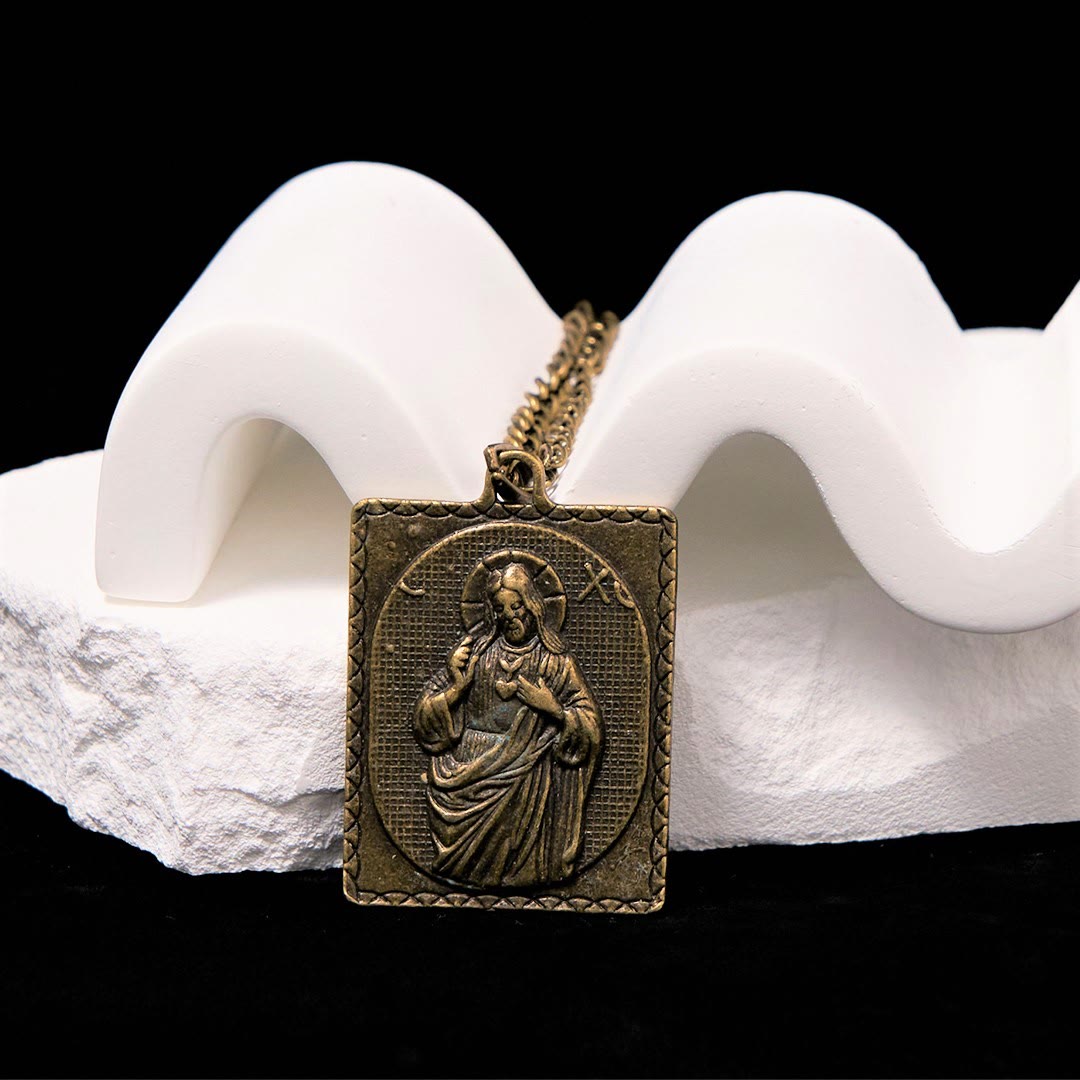 European Style Classical Bronze Sculptured Sacred Heart Cross Necklace