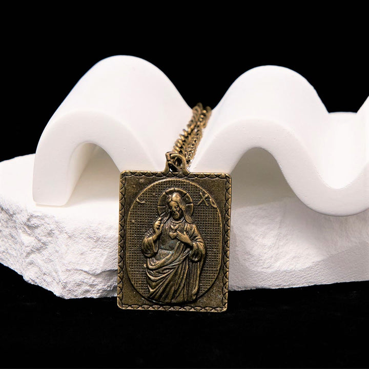 European Style Classical Bronze Sculptured Sacred Heart Cross Necklace