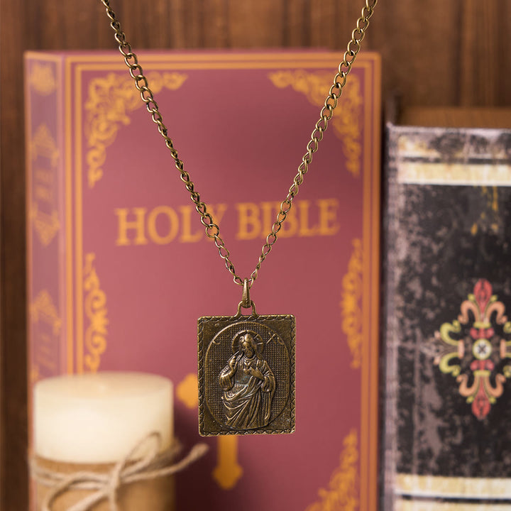 European Style Classical Bronze Sculptured Sacred Heart Cross Necklace