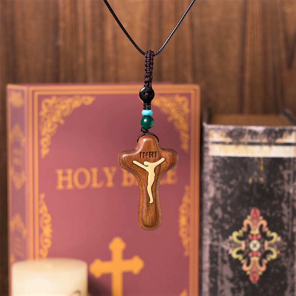 Minimalist Style Sandalwood & Boxwood Jesus Cross Amulet Pendant Keychain/Necklace