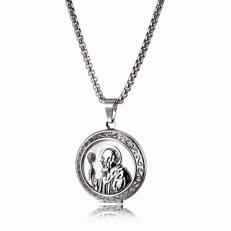 Classic Style St. Benedict Engraved Two Sided Locket Pendant Necklace