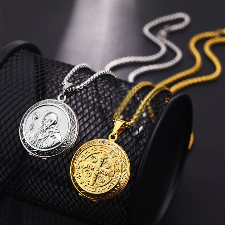 Classic Style St. Benedict Engraved Two Sided Locket Pendant Necklace