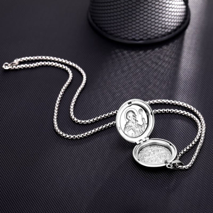Classic Style St. Benedict Engraved Two Sided Locket Pendant Necklace