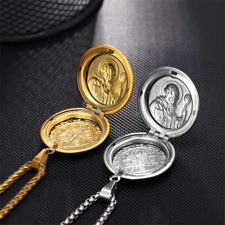 Classic Style St. Benedict Engraved Two Sided Locket Pendant Necklace
