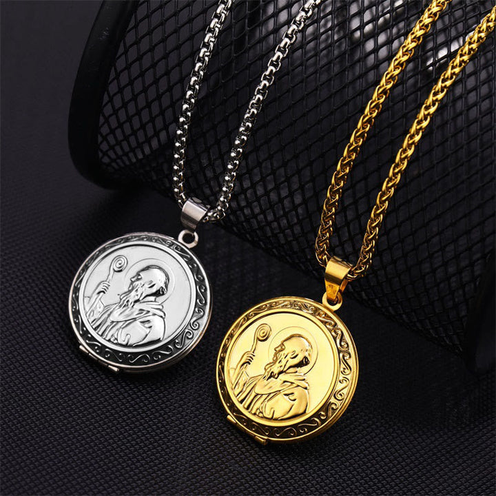 Classic Style St. Benedict Engraved Two Sided Locket Pendant Necklace