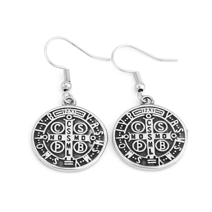 Classic Style St. Benedict Engraved Emblem Divine Protection Earrings VIP