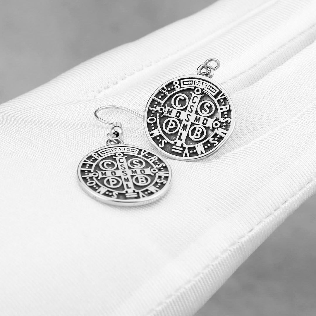 Classic Style St. Benedict Engraved Emblem Divine Protection Earrings VIP